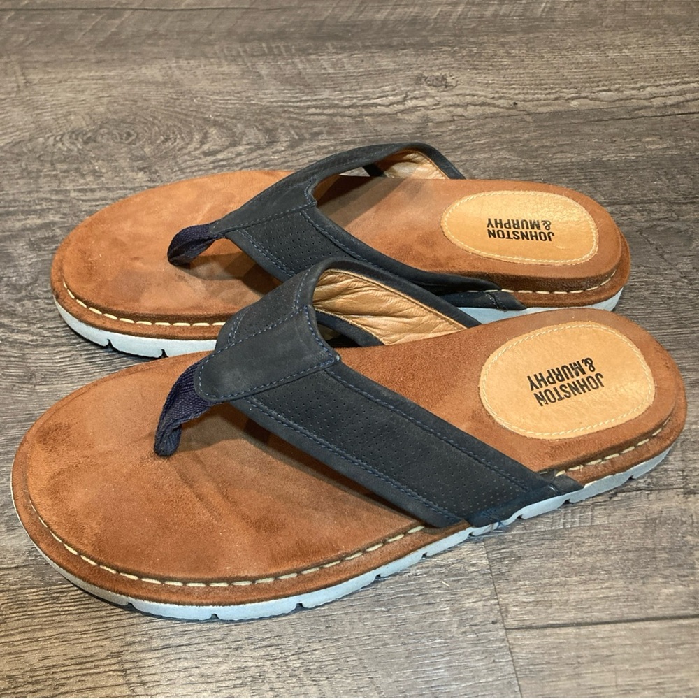 Johnston & Murphy Men’s Size 8M Leather Flip Flops Black/ Brown Beach Outdoors
